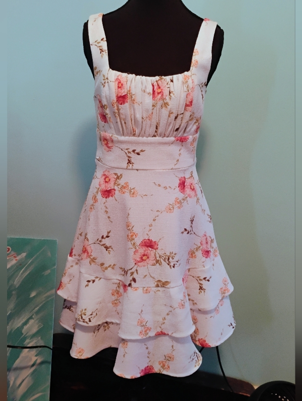 Women's Creamy IvoryFloral Tiered Sundress with Pink Rose Print